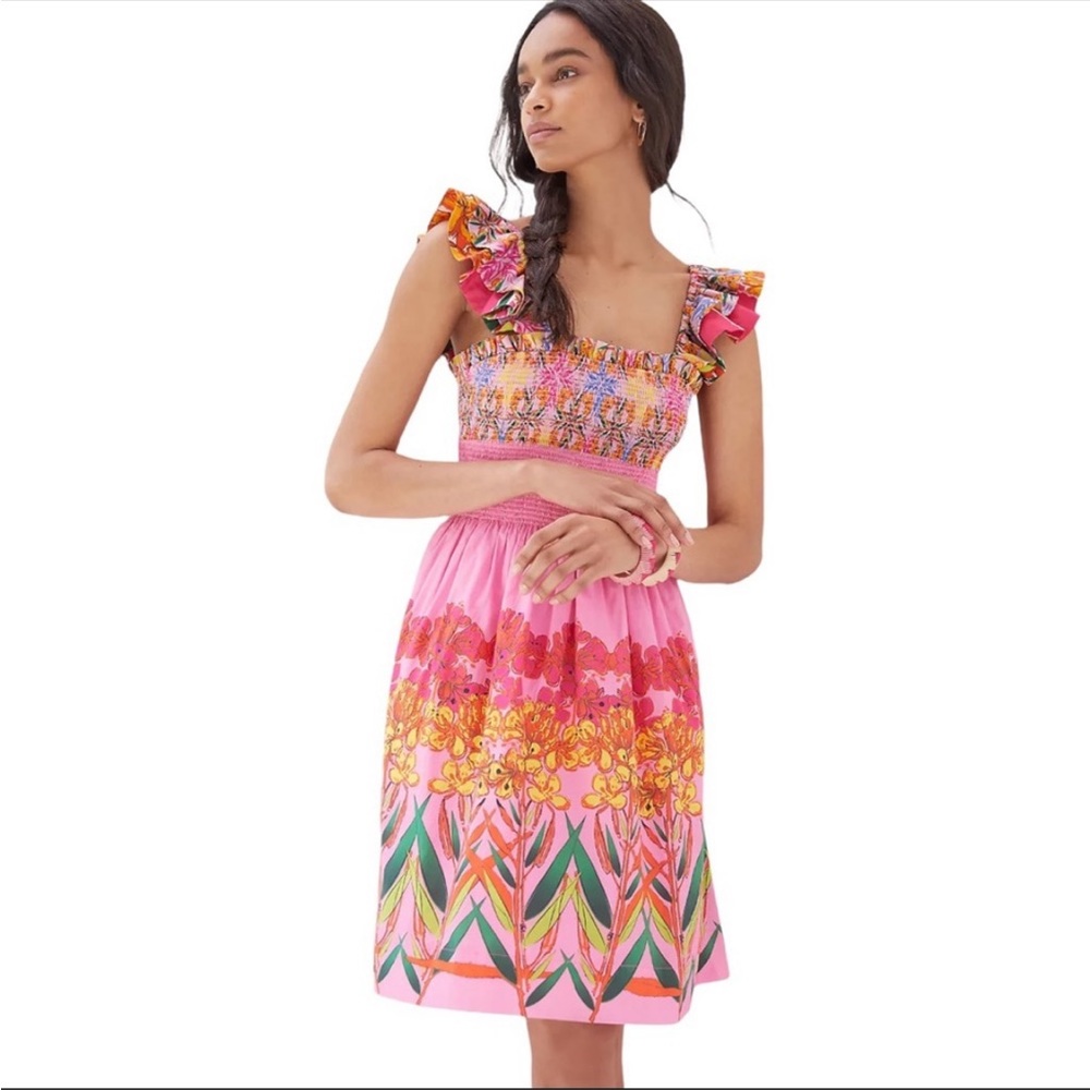 Anthropologie Pink Floral Midi Dress with Yellow & Green Accents